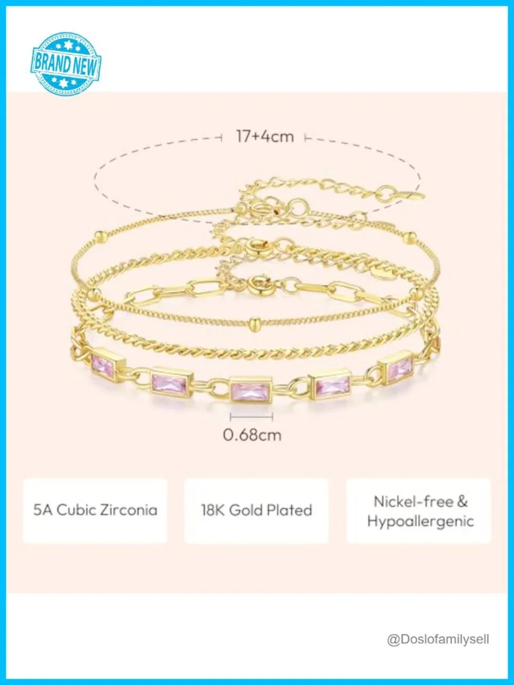 18K Gold Plated 3-Piece Birthstone Bracelet Set Dainty Stackable Link Paperclip